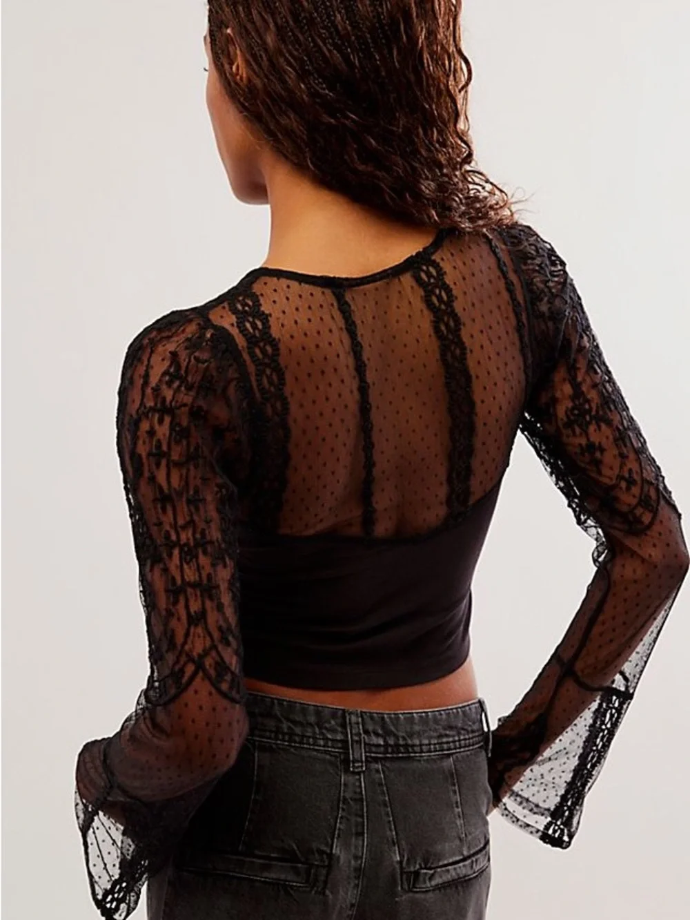 Sheer Lace Sleeve V-Neck Crop Top - Black
